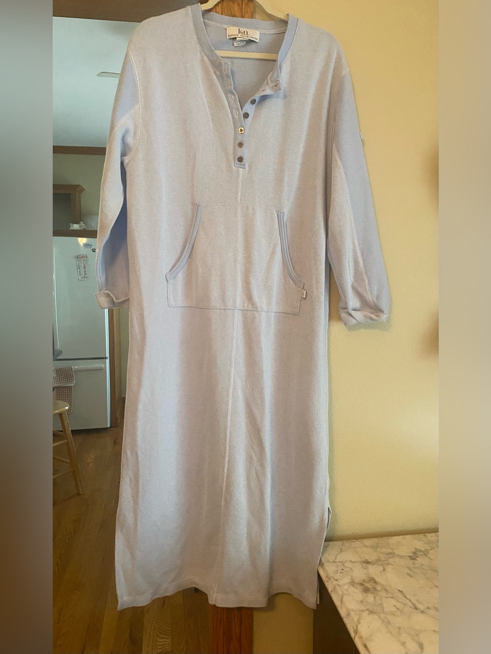 Knit Button-Front Long Pullover robe or nightshirt in Light blue/lavender.